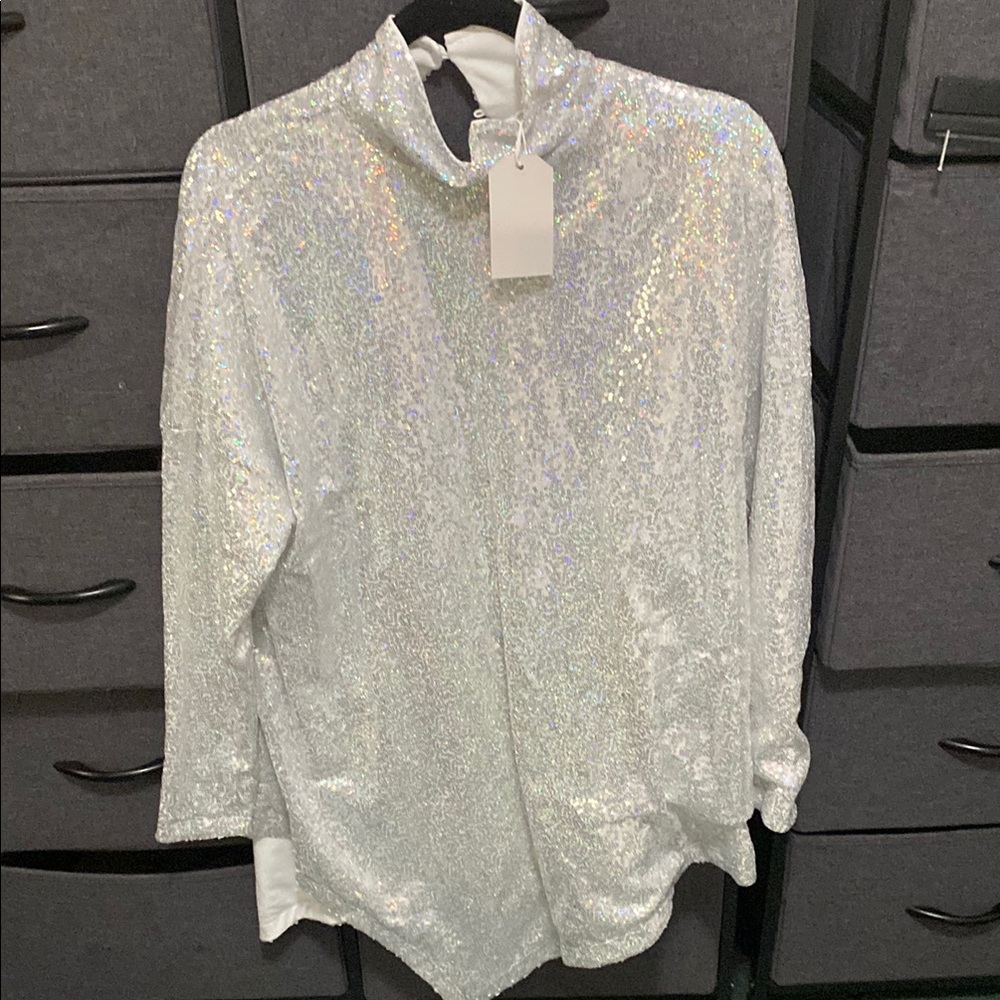 Silver Sequin Blouse with Mandarin Collar